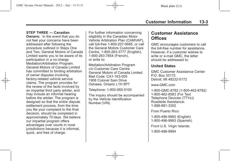 Customer assistance offices, Customer assistance, Offices -3 | Vehicle, Customer information 13-3 | GMC 2012 Savana User Manual | Page 391 / 424