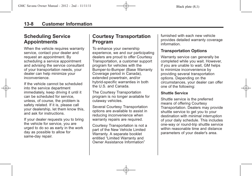 Scheduling service appointments, Courtesy transportation program, Scheduling service | Appointments -8, Courtesy transportation, Program -8 | GMC 2012 Savana User Manual | Page 396 / 424