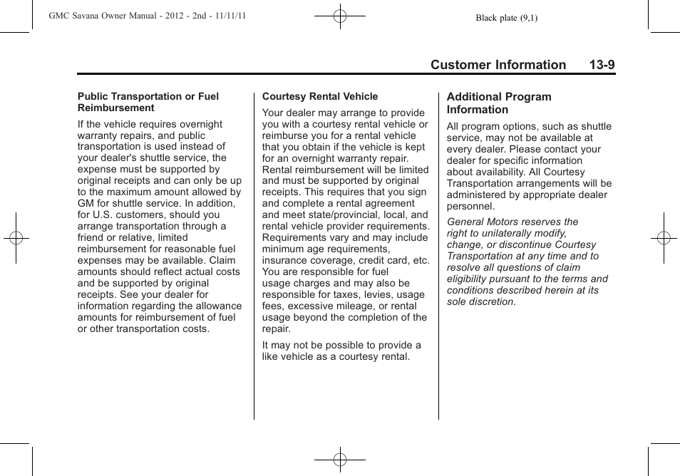 Customer information 13-9 | GMC 2012 Savana User Manual | Page 397 / 424