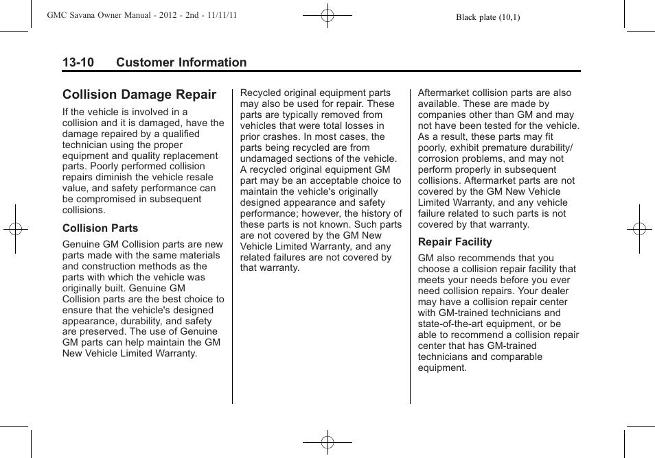 Collision damage repair, Collision damage repair -10 | GMC 2012 Savana User Manual | Page 398 / 424