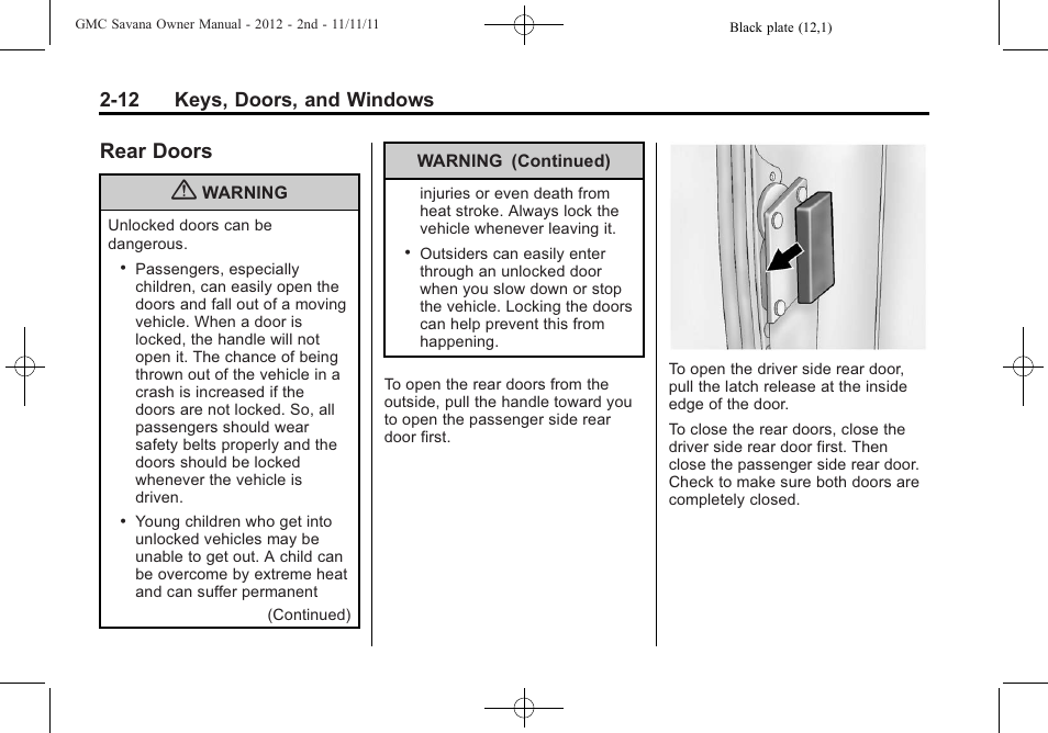 Rear doors, Rear doors -12, 12 keys, doors, and windows | GMC 2012 Savana User Manual | Page 40 / 424