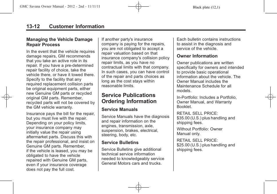 Service publications ordering information, Service publications, Ordering information -12 | GMC 2012 Savana User Manual | Page 400 / 424