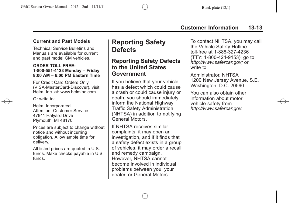 Reporting safety defects, Reporting safety defects -13, Reporting safety defects to | The united states government -13 | GMC 2012 Savana User Manual | Page 401 / 424