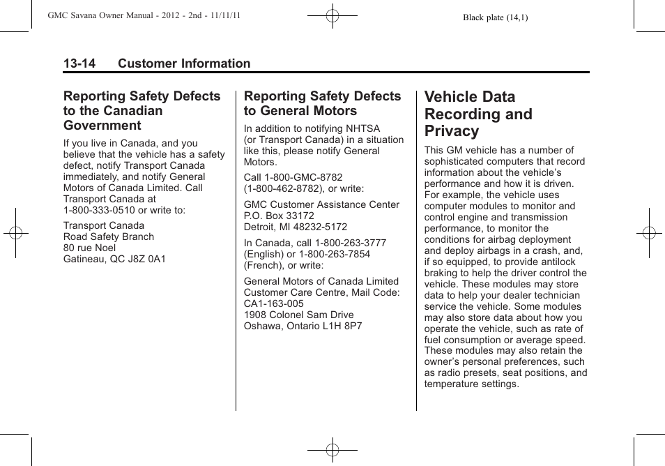 Reporting safety defects to general motors, Vehicle data recording and privacy, Vehicle data recording and | Privacy -14, Reporting safety defects to, The canadian government -14, General motors -14, Ehicle data recording and | GMC 2012 Savana User Manual | Page 402 / 424