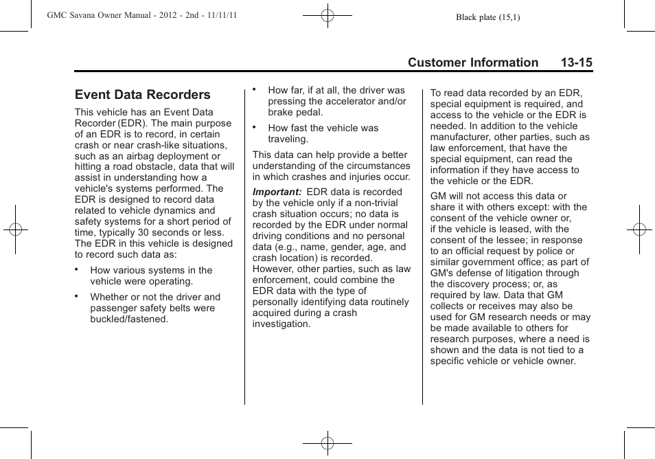 Event data recorders, Event data recorders -15, Customer information 13-15 | GMC 2012 Savana User Manual | Page 403 / 424