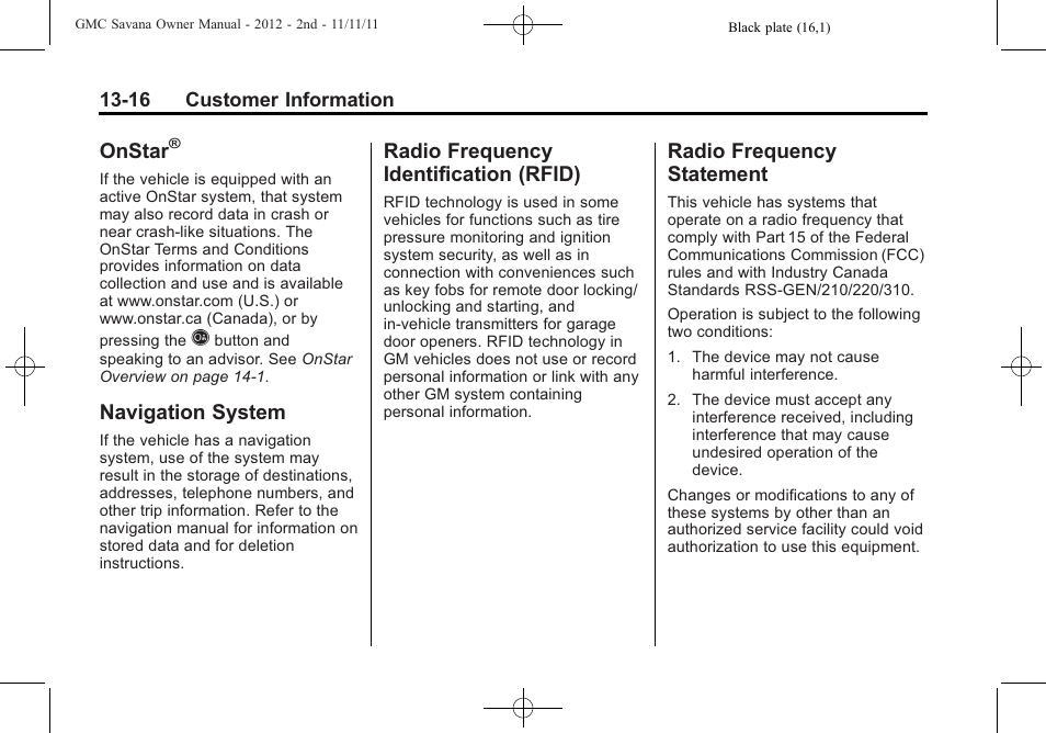 Onstar, Navigation system, Radio frequency identification (rfid) | Radio frequency statement, System -16 radio frequency, Identification (rfid) -16, Radio frequency, Statement -16 | GMC 2012 Savana User Manual | Page 404 / 424