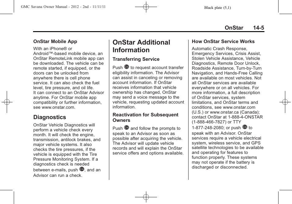 Diagnostics, Onstar additional information, Onstar additional | Information -5, Diagnostics -5 | GMC 2012 Savana User Manual | Page 409 / 424