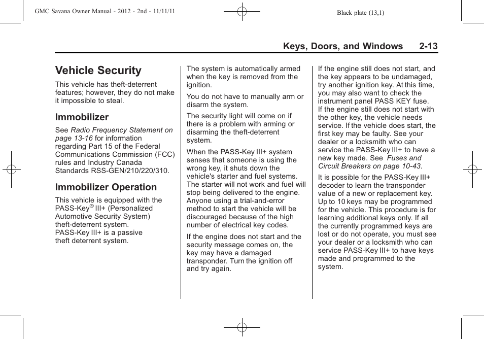 Vehicle security, Immobilizer, Immobilizer operation | Vehicle security -13, Lighting | GMC 2012 Savana User Manual | Page 41 / 424