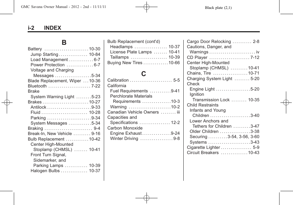 Index_b, Index_c, I-2 index | GMC 2012 Savana User Manual | Page 414 / 424