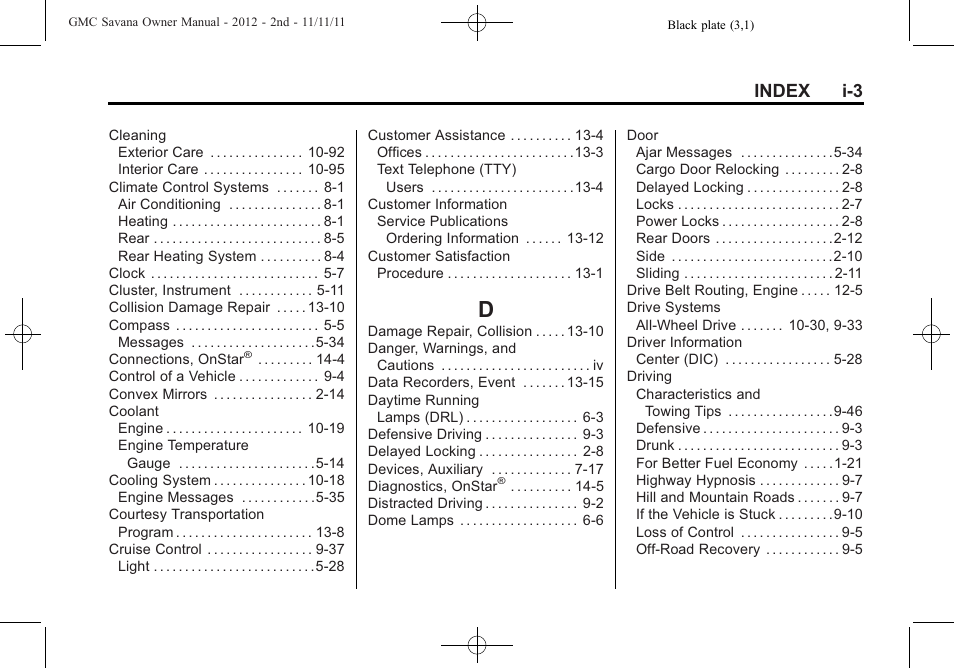 Index_d, Index i-3 | GMC 2012 Savana User Manual | Page 415 / 424