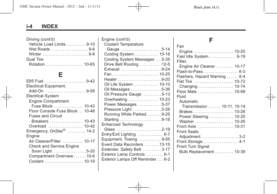 Index_e, Index_f, I-4 index | GMC 2012 Savana User Manual | Page 416 / 424