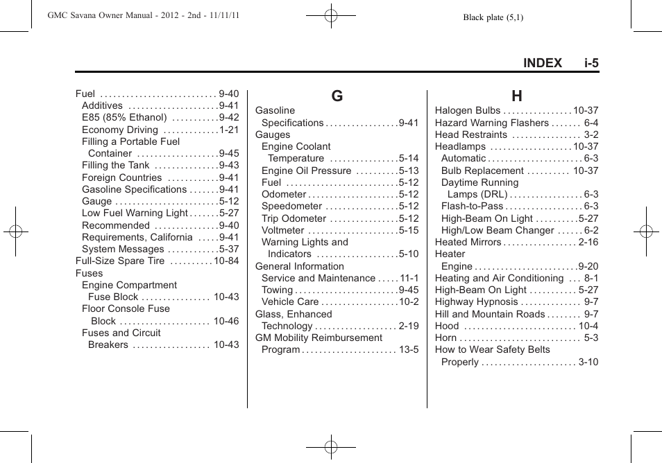 Index_g, Index_h, Index i-5 | GMC 2012 Savana User Manual | Page 417 / 424