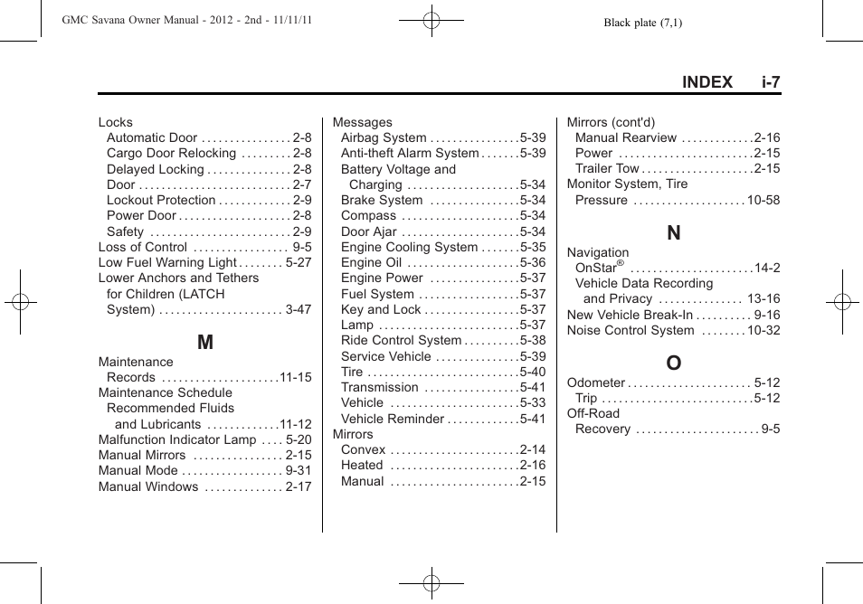 Index_m, Index_n, Index_o | GMC 2012 Savana User Manual | Page 419 / 424