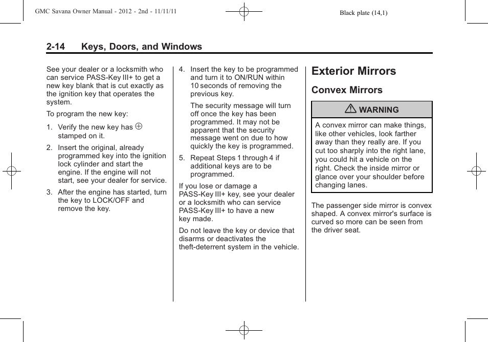 Exterior mirrors, Convex mirrors, Exterior mirrors -14 | Convex mirrors -14 | GMC 2012 Savana User Manual | Page 42 / 424