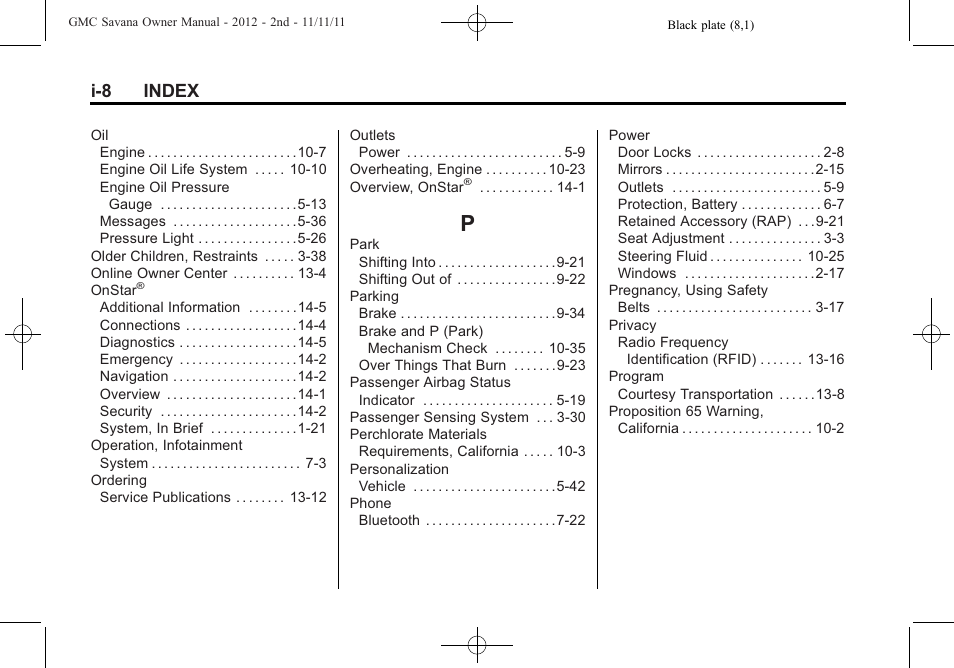 Index_p, I-8 index | GMC 2012 Savana User Manual | Page 420 / 424