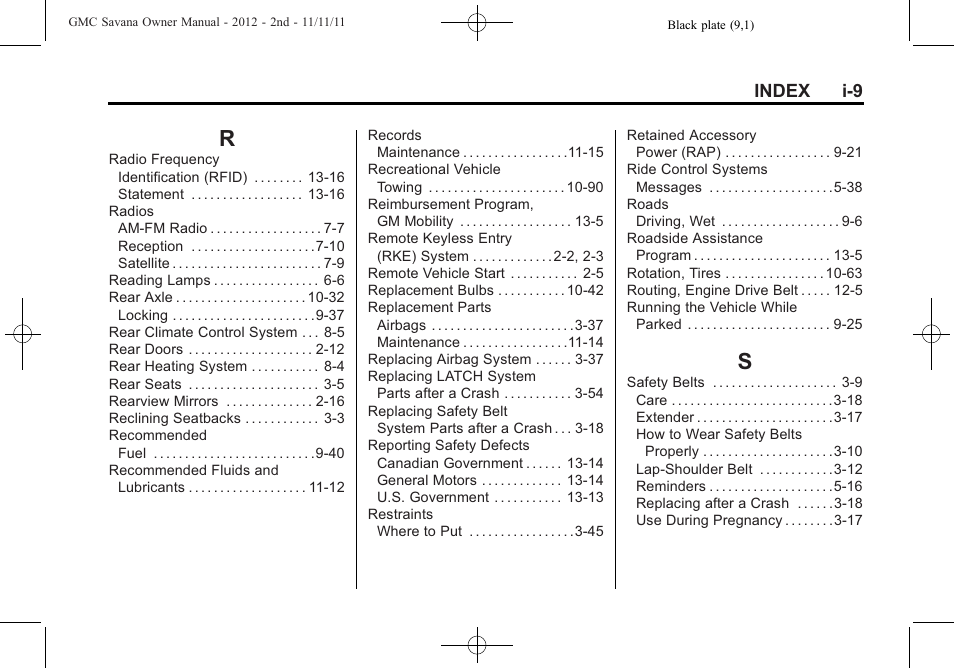 Index_r, Index_s, Index i-9 | GMC 2012 Savana User Manual | Page 421 / 424