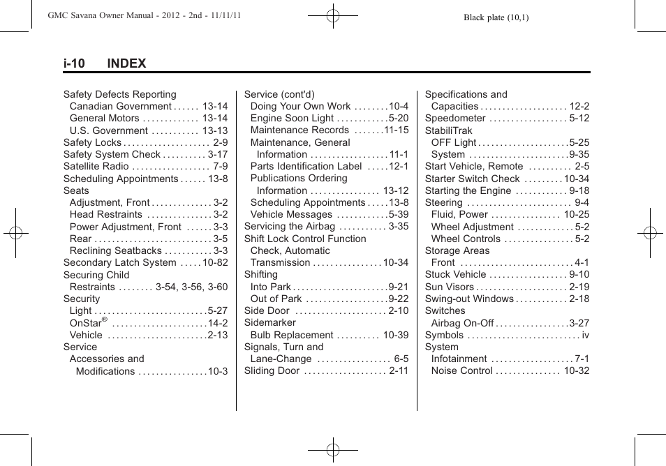 I-10 index | GMC 2012 Savana User Manual | Page 422 / 424