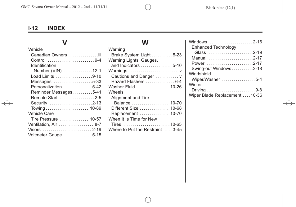 Index_v, Index_w | GMC 2012 Savana User Manual | Page 424 / 424