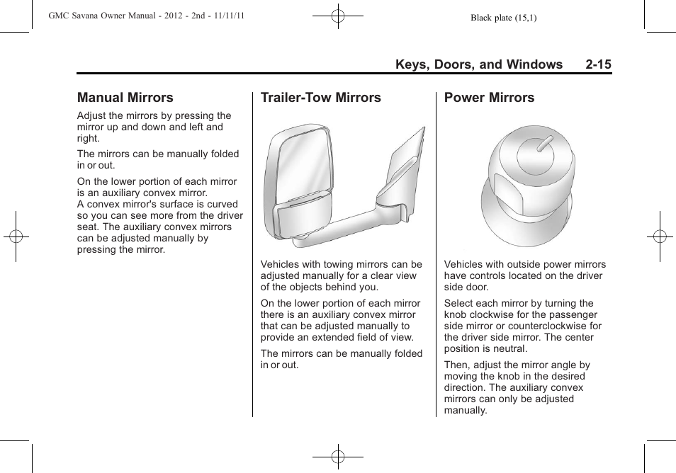 Manual mirrors, Trailer-tow mirrors, Power mirrors | GMC 2012 Savana User Manual | Page 43 / 424