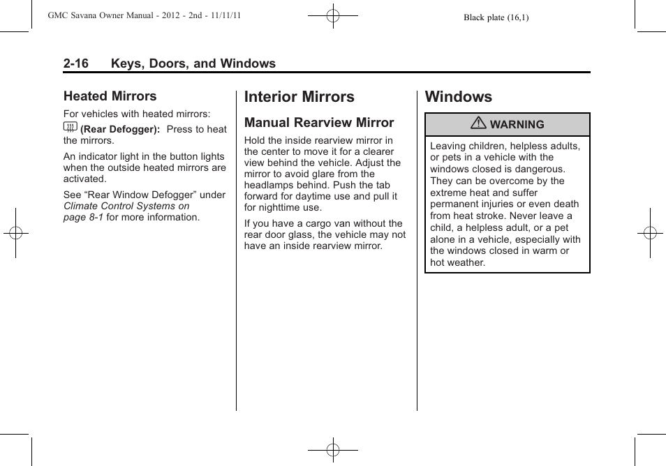 Heated mirrors, Interior mirrors, Manual rearview mirror | Windows, Interior mirrors -16 windows -16, Heated mirrors -16, Manual rearview mirror -16, Windows -16 | GMC 2012 Savana User Manual | Page 44 / 424