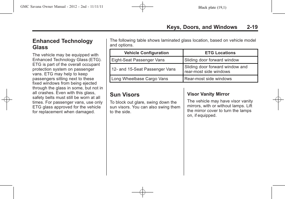 Enhanced technology glass, Sun visors, Enhanced technology | Glass -19, Sun visors -19 | GMC 2012 Savana User Manual | Page 47 / 424