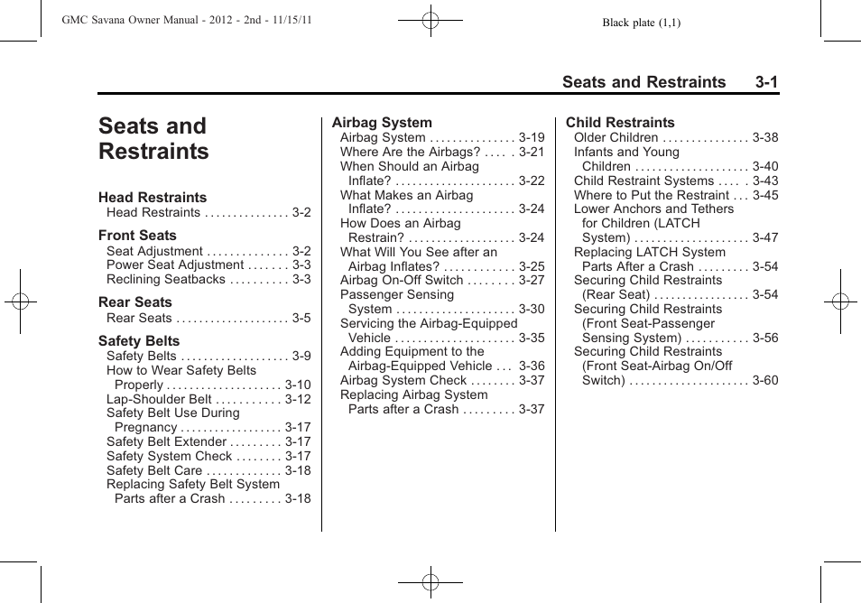 Seats and restraints, Seats and restraints -1, Seats and restraints 3-1 | GMC 2012 Savana User Manual | Page 49 / 424