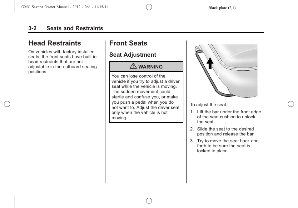 Head restraints, Front seats, Seat adjustment | Head restraints -2 front seats -2, Head restraints -2, Seat adjustment -2 | GMC 2012 Savana User Manual | Page 50 / 424