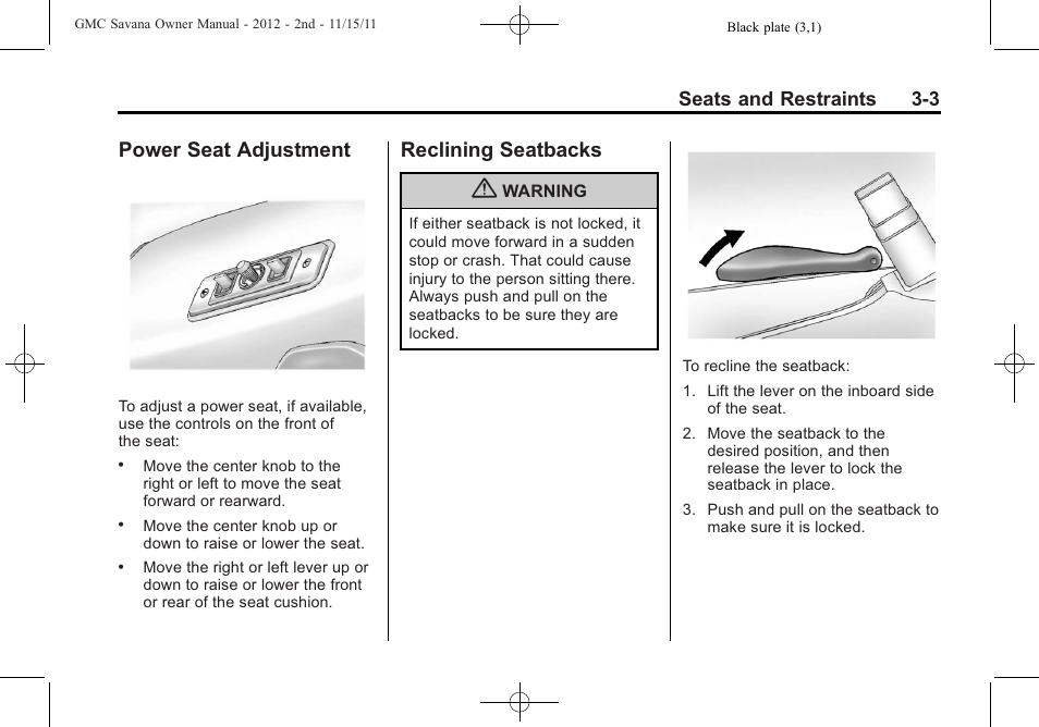 Power seat adjustment, Reclining seatbacks, Power seat adjustment -3 reclining seatbacks -3 | Seats and restraints 3-3 | GMC 2012 Savana User Manual | Page 51 / 424