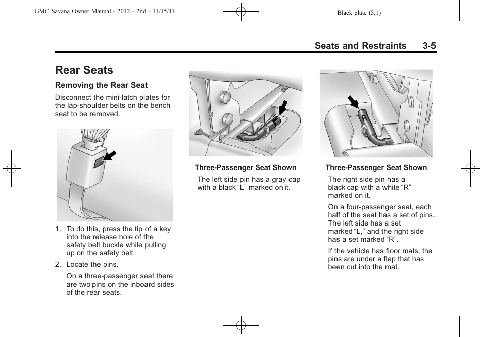 Rear seats, Rear seats -5, Servicing | GMC 2012 Savana User Manual | Page 53 / 424