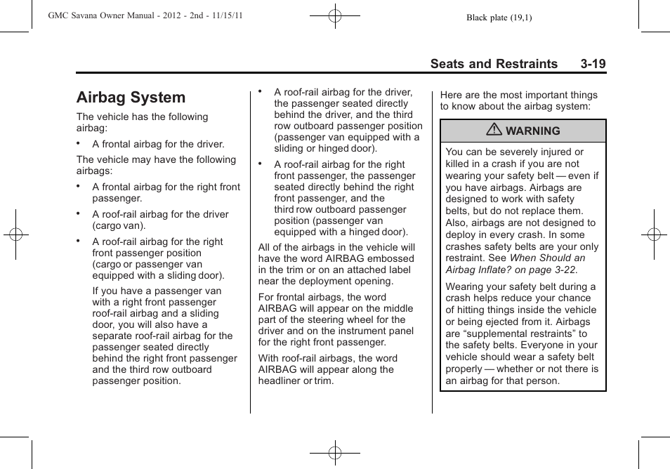 Airbag system, Airbag system -19, Climate controls | Seats and restraints 3-19 | GMC 2012 Savana User Manual | Page 67 / 424