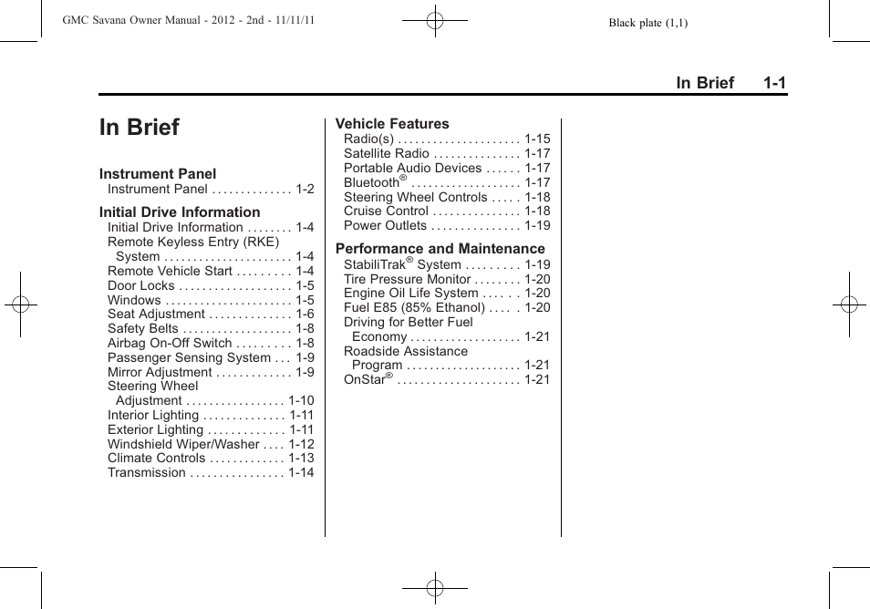 In brief, In brief -1 | GMC 2012 Savana User Manual | Page 7 / 424