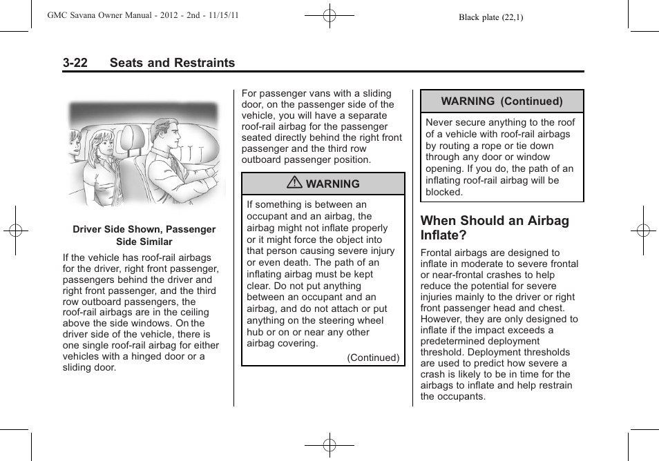 When should an airbag inflate, When should an airbag, Inflate? -22 | GMC 2012 Savana User Manual | Page 70 / 424