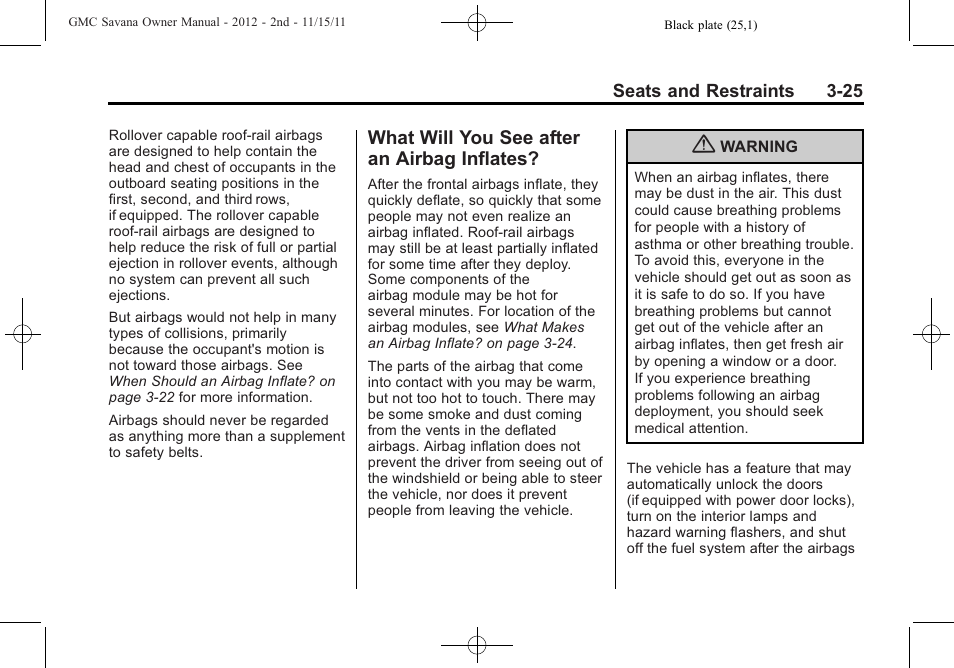 What will you see after an airbag inflates, What will you see after an, Airbag inflates? -25 | GMC 2012 Savana User Manual | Page 73 / 424