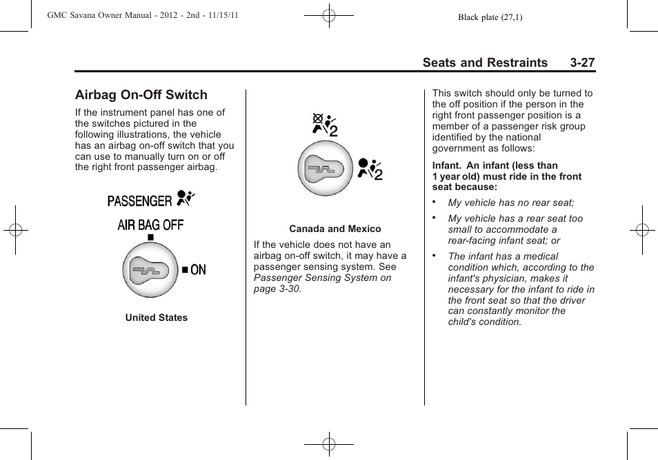 Airbag on-off switch, Airbag on-off switch -27, Seats and restraints 3-27 | GMC 2012 Savana User Manual | Page 75 / 424