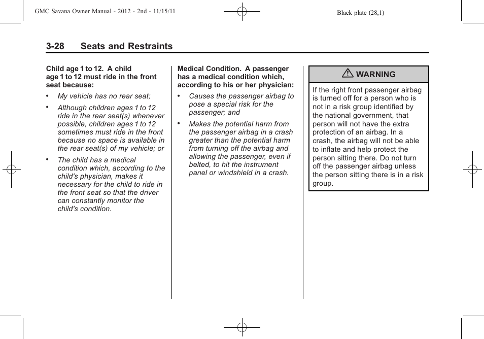 28 seats and restraints | GMC 2012 Savana User Manual | Page 76 / 424