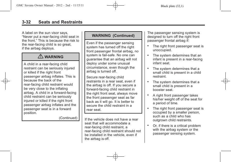 32 seats and restraints | GMC 2012 Savana User Manual | Page 80 / 424