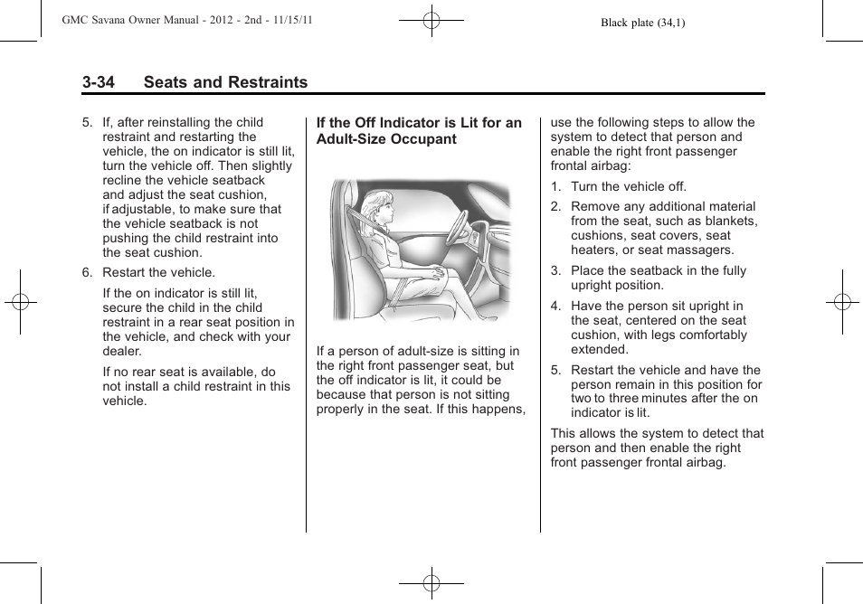 34 seats and restraints | GMC 2012 Savana User Manual | Page 82 / 424