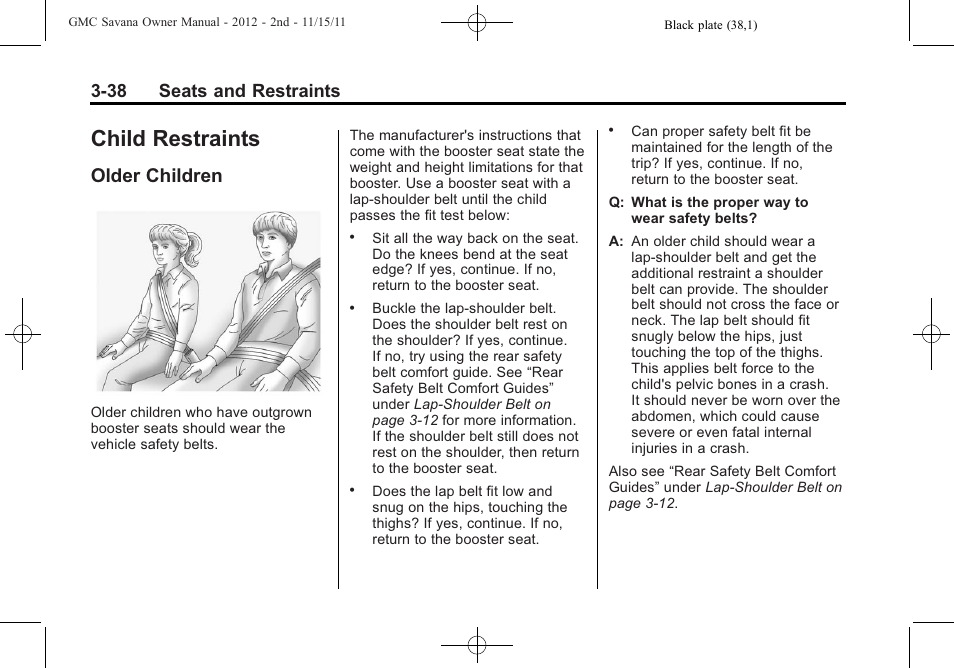 Child restraints, Older children, Child restraints -38 | Climate control systems, Older children -38, 38 seats and restraints | GMC 2012 Savana User Manual | Page 86 / 424