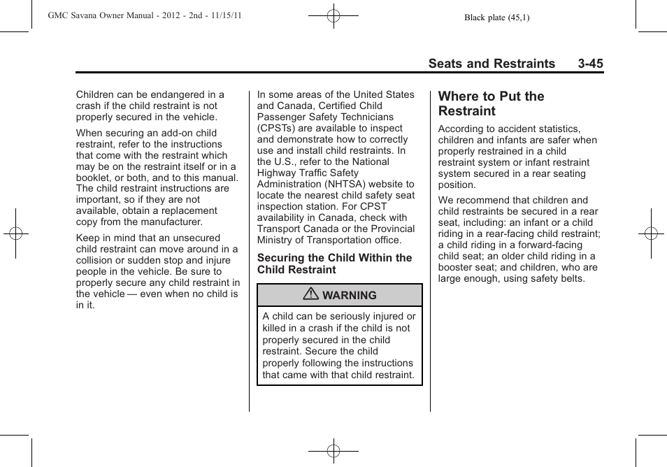 Where to put the restraint, Where to put the restraint -45 | GMC 2012 Savana User Manual | Page 93 / 424