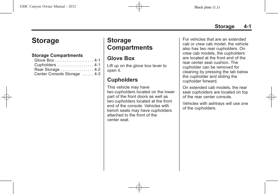 Storage, Storage compartments, Glove box | Cupholders, Storage -1, Storage compartments -1, Driving | GMC 2012 Canyon User Manual | Page 105 / 386