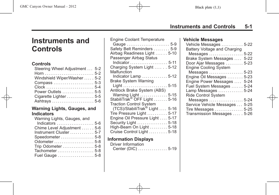 Instruments and controls, Controls -1, Instruments and controls 5-1 | GMC 2012 Canyon User Manual | Page 109 / 386