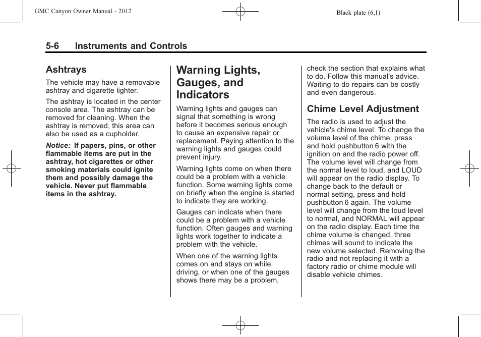 Ashtrays, Warning lights, gauges, and indicators, Chime level adjustment | Indicators -6, Ashtrays -6, Warning lights, gauges, and, Chime level adjustment -6 | GMC 2012 Canyon User Manual | Page 114 / 386