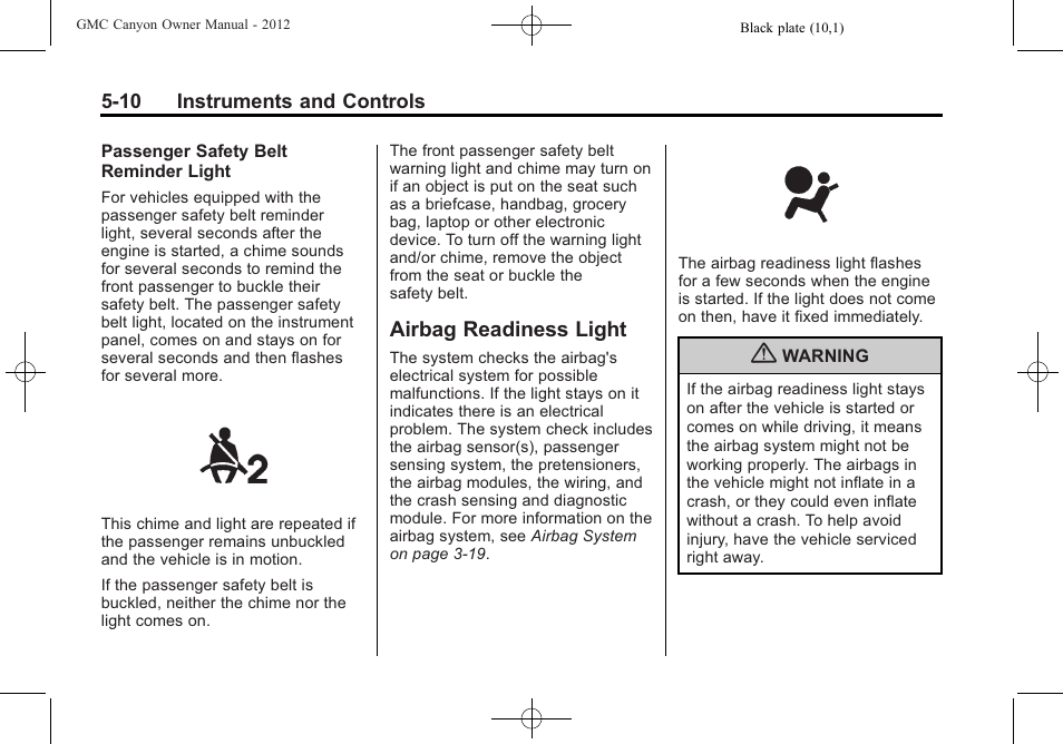 Airbag readiness light, Airbag readiness light -10 | GMC 2012 Canyon User Manual | Page 118 / 386