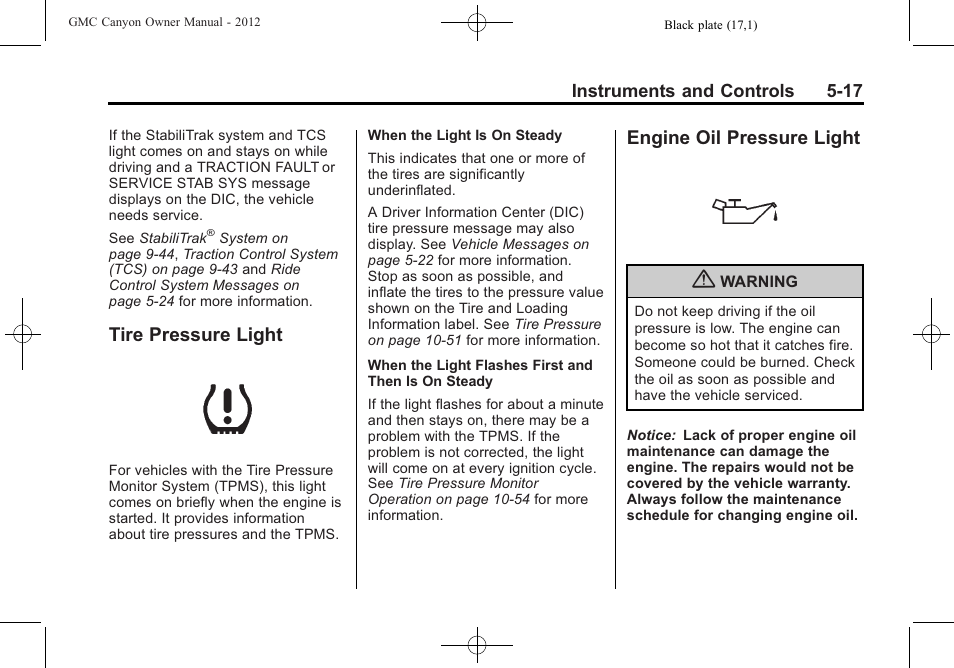 Tire pressure light, Engine oil pressure light | GMC 2012 Canyon User Manual | Page 125 / 386