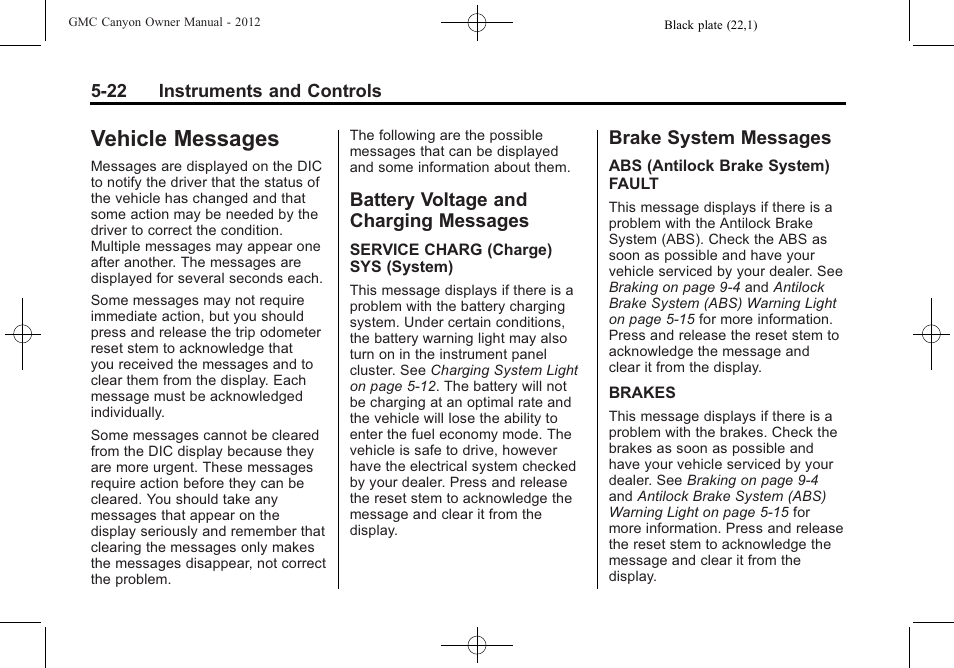 Vehicle messages, Battery voltage and charging messages, Brake system messages | Vehicle messages -22, Voltage and charging, Messages -22, Brake system messages -22 | GMC 2012 Canyon User Manual | Page 130 / 386