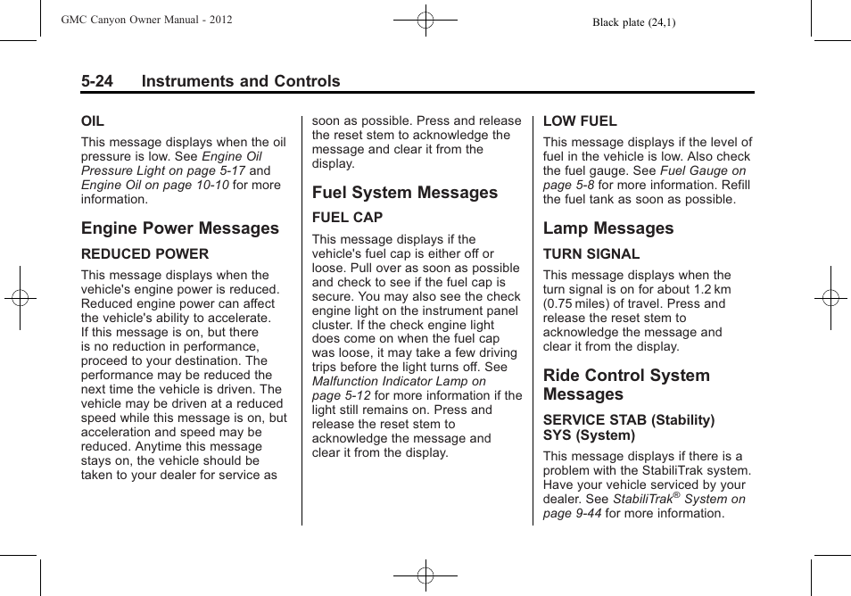 Engine power messages, Fuel system messages, Lamp messages | Ride control system messages, Messages -24 | GMC 2012 Canyon User Manual | Page 132 / 386