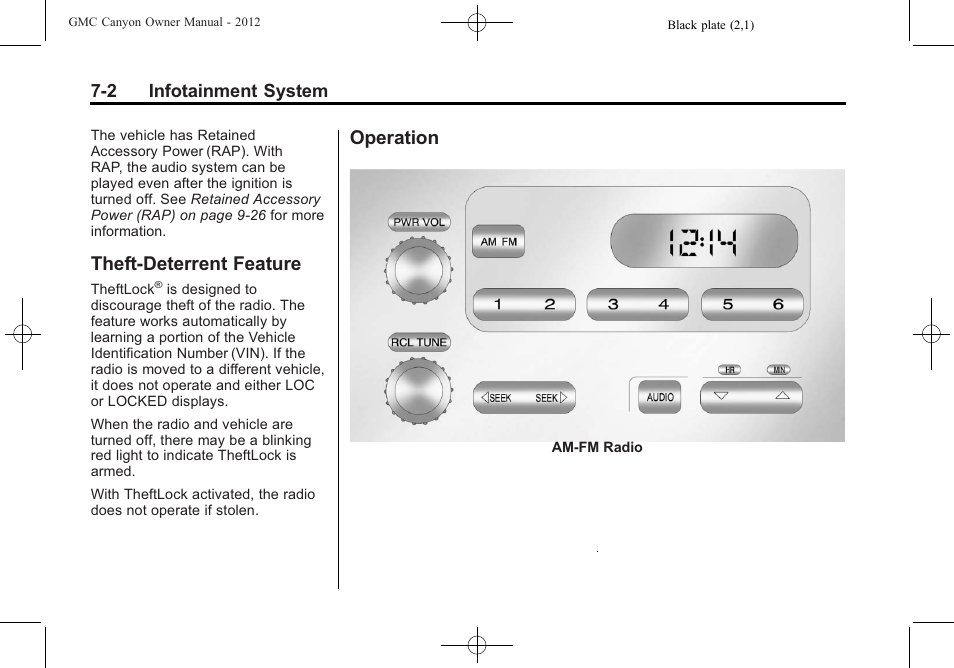 Theft-deterrent feature, Operation, Theft-deterrent feature -2 operation -2 | GMC 2012 Canyon User Manual | Page 144 / 386