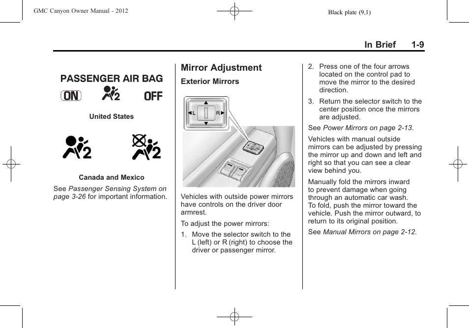 Mirror adjustment, Mirror adjustment -9 | GMC 2012 Canyon User Manual | Page 15 / 386