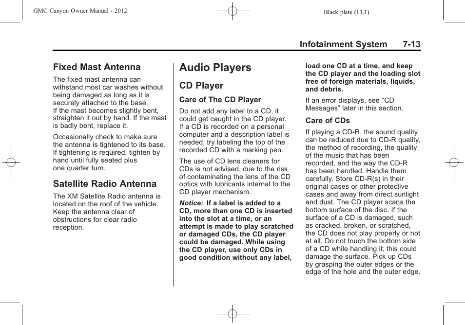 Fixed mast antenna, Satellite radio antenna, Audio players | Cd player, Audio players -13, Headlamp, Fixed mast antenna -13 satellite radio antenna -13, Cd player -13 | GMC 2012 Canyon User Manual | Page 155 / 386