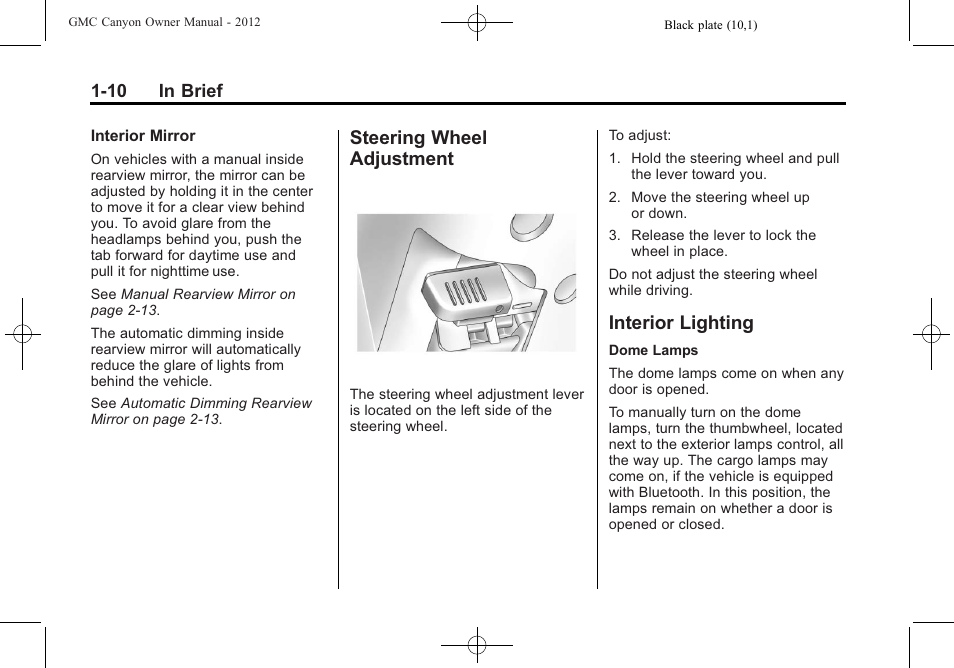 Steering wheel adjustment, Interior lighting, Steering wheel | Adjustment -10, Interior lighting -10 | GMC 2012 Canyon User Manual | Page 16 / 386